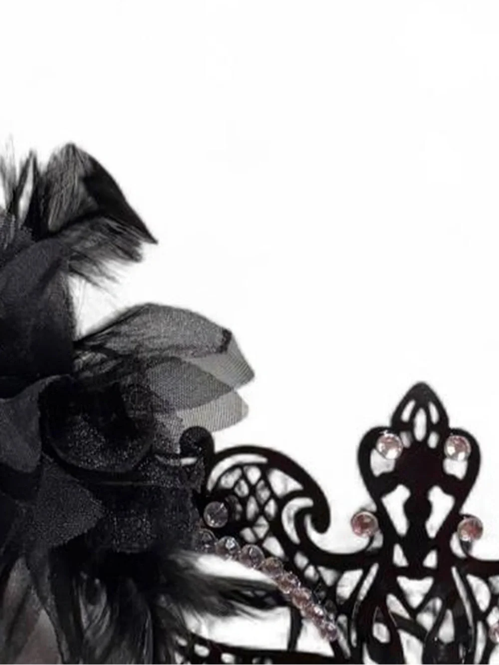 Elegant Black Feather Lace Masquerade Mask with Rhinestone Detail